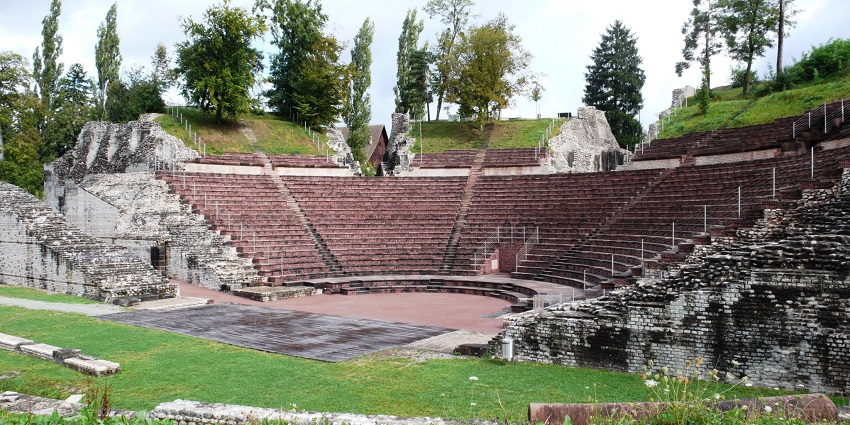 Ancient Roman amphitheater ruins at Augusta Raurica in Pratteln, Switzerland, one of the best monuments in Switzerland.