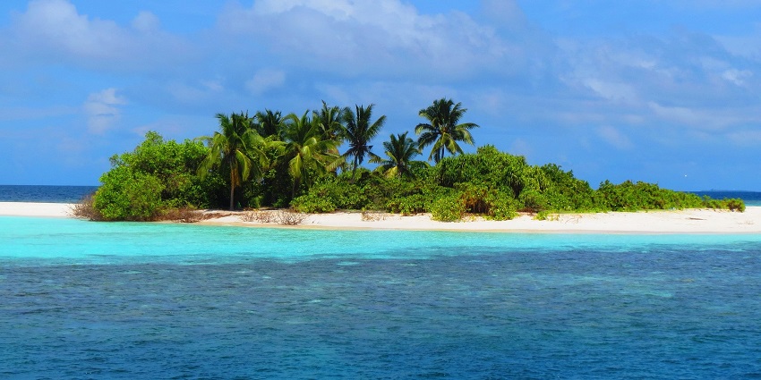 A small tropical paradise surrounded by vibrant blue waters, showcasing the natural beauty of the islands in Maldives.