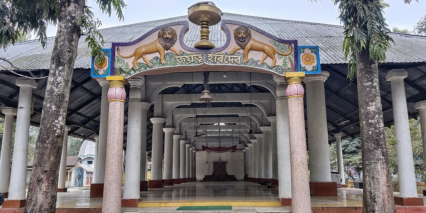 Barpeta Satra with paintings on the entrance, multiple pillars, one of the places to visit in Assam in November.