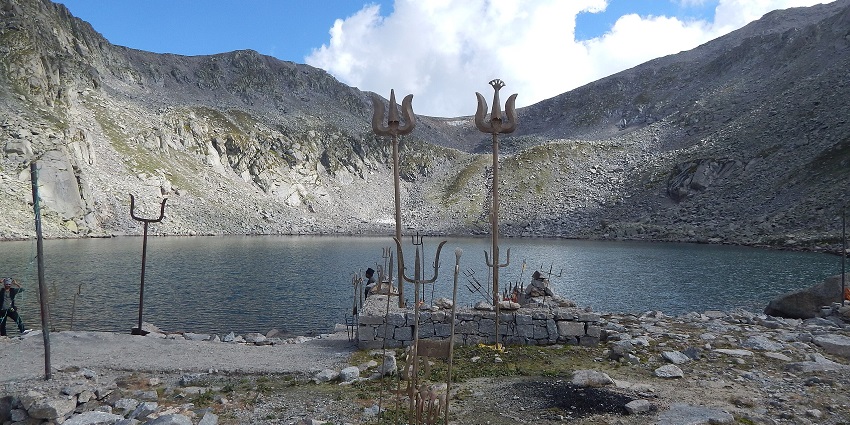 Ancient temple at Kailash Kund in Bhaderwah, Jammu, set amid rocky mountain terrain