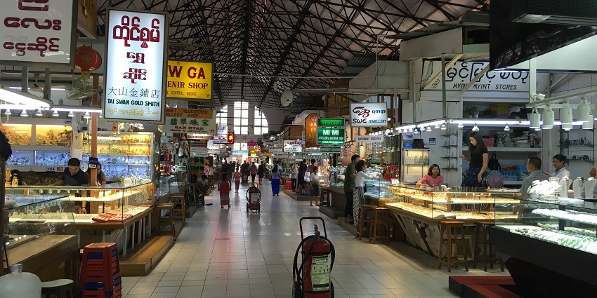Bogyoke Aung San Market with colonial architecture and vibrant local shops