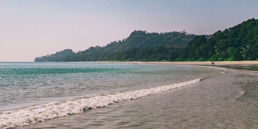 Borya Beach with gentle waves, clean sandy shore, and coconut trees along the coastline.
