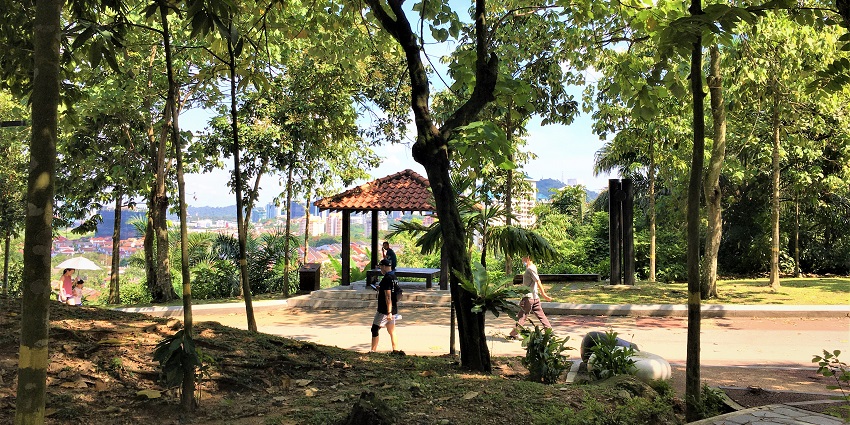 People walking on the trails of the beautiful Bukit Kiara Park on a calm and quiet morning.