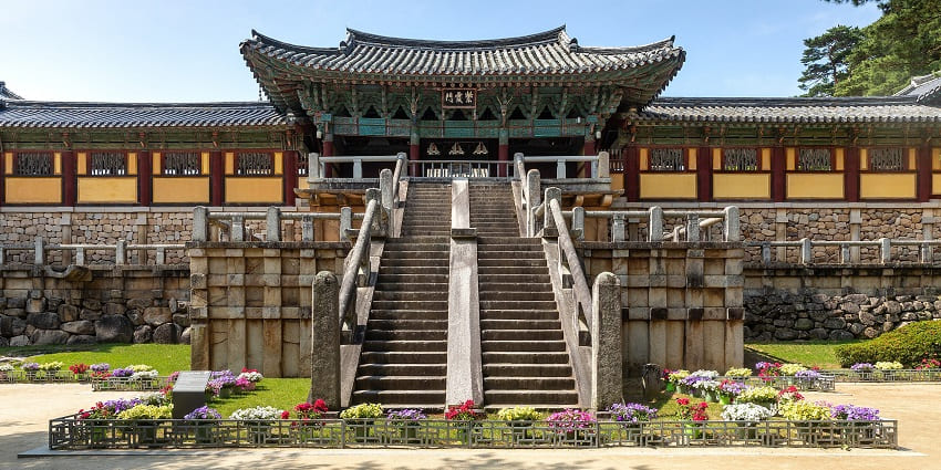 Stairs leading to the Bulguksa temple in Gyeongju with multiple unique flower pots.