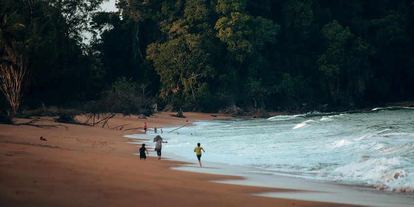 Serene view of Mystic Beach with rocky cliffs, lush forest, and gentle waves in Canada