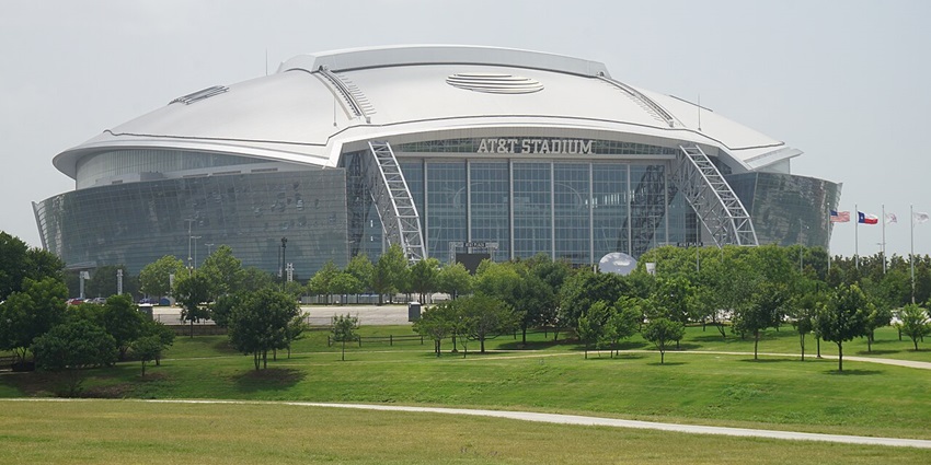 The exterior of AT&T Stadium with its massive architecture and impressive design, home of the Dallas Cowboys.