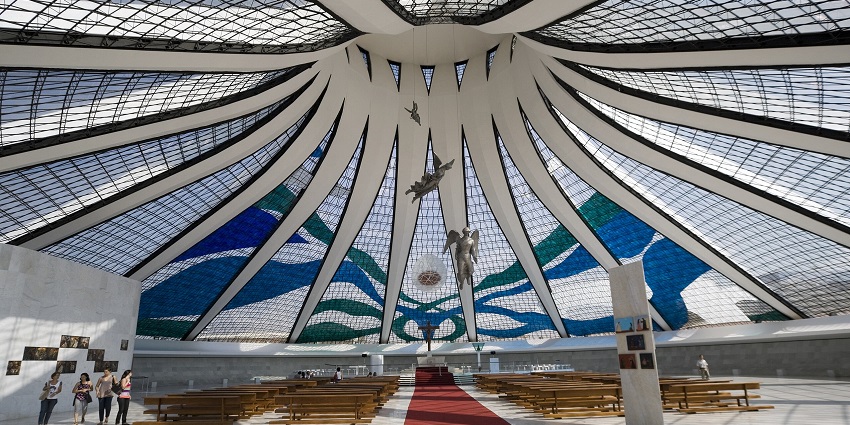 The Cathedral of Brasília, with glass walls, is an iconic architectural monument in Brazil