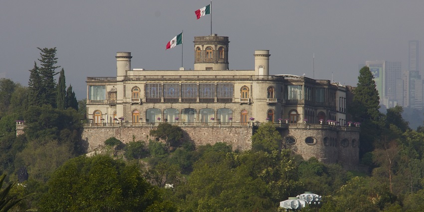 Chapultepec Castle, a historic and grand building perched atop a wooded hill, Mexico.