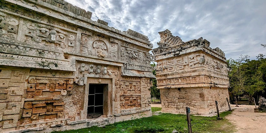 Nunnery and church in Chichen Itza with old detailed architecture, one of the famous historical places in Mexico.