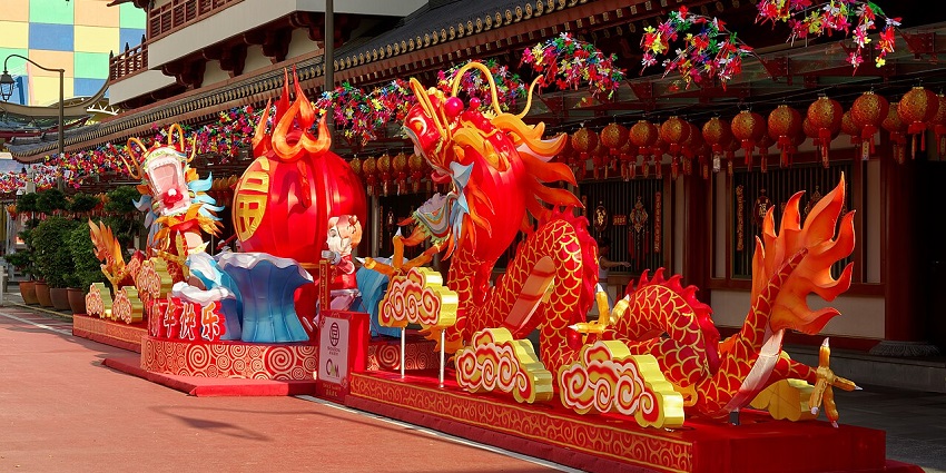 Colourful Chinese New Year decorations in Chinatown, Singapore, showing festive displays, one of the best places to visit in Singapore in September.
