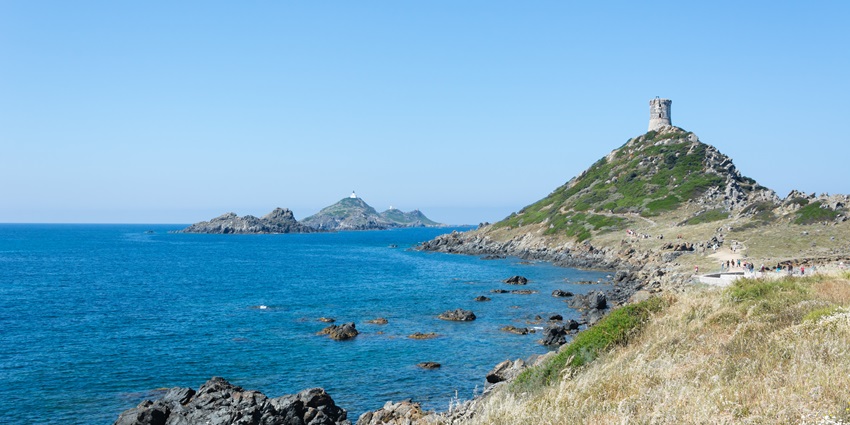 Historic Genoese tower on Corsica's Îles Sanguinaires, overlooking the Mediterranean Sea