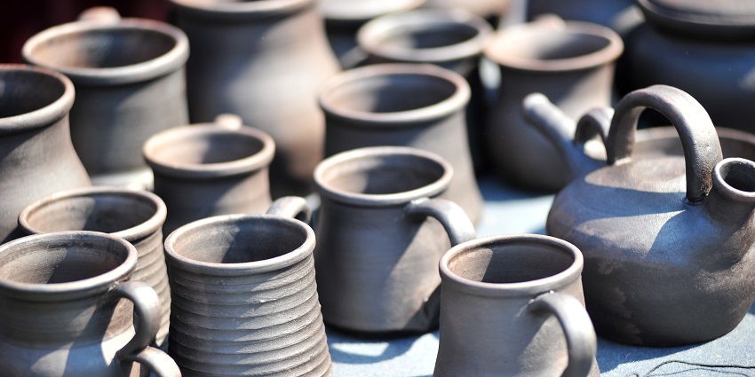 Display of handcrafted ceramics at the Louis Mulcahy pottery studio in Ireland
