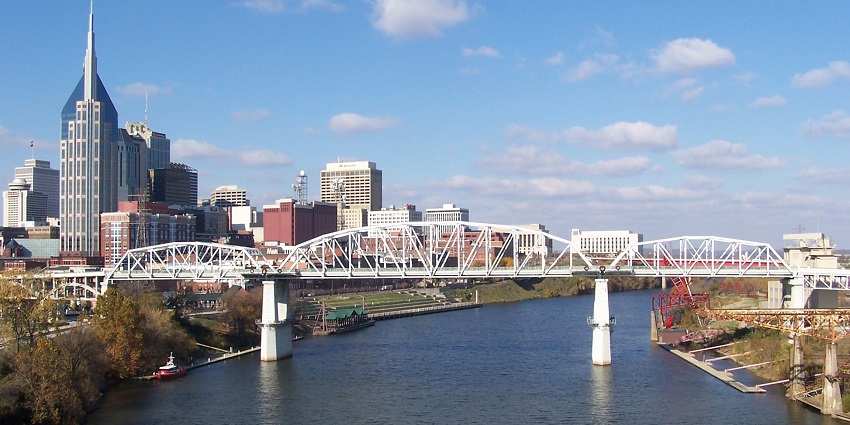 A view of the John Seigenthaler Pedestrian Bridge in Nashville, showing its steel truss design.