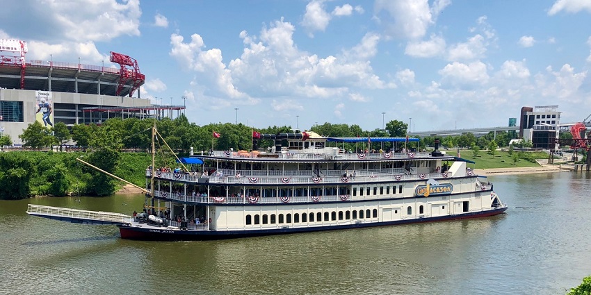 The General Jackson Showboat is cruising along the Cumberland River with live entertainment on board, one of the things to do in Nashville in July.