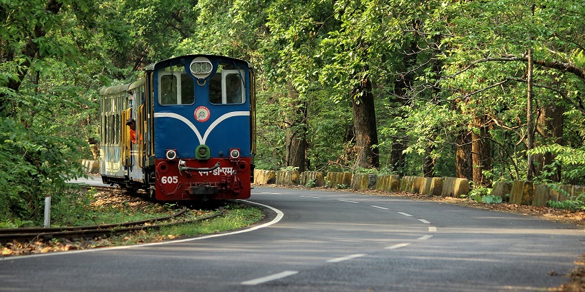 Darjeeling Himalayan Railway with vintage toy train moving through scenic mountain tracks.