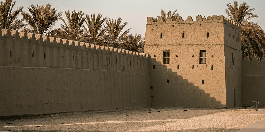 Mudbrick structure of Dhaid Fort with a small gate and palm trees outside the fort.