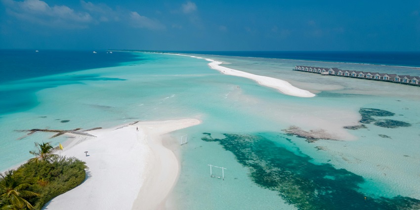 An aerial view of the Dhigurah island, one of the best places to visit in Maldives in May