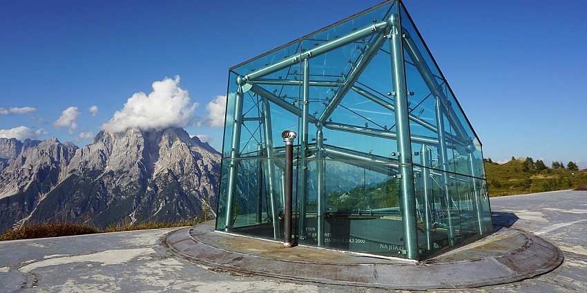 Modern mountain museum perched atop Monte Rite summit.