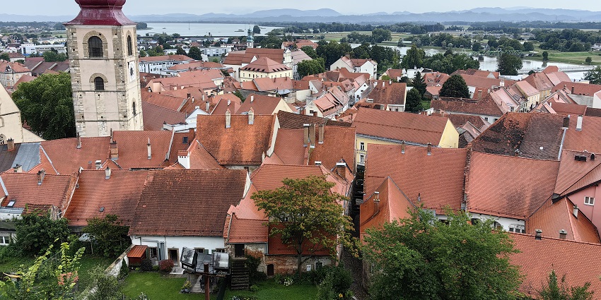 View to the southeast from the castle in Ptuj, Slovenia, over the old town and the town tower.