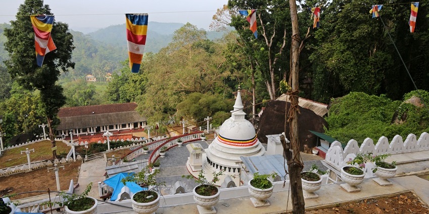 Aerial view of the historical temple in Sri Lanka with white traditional architecture
