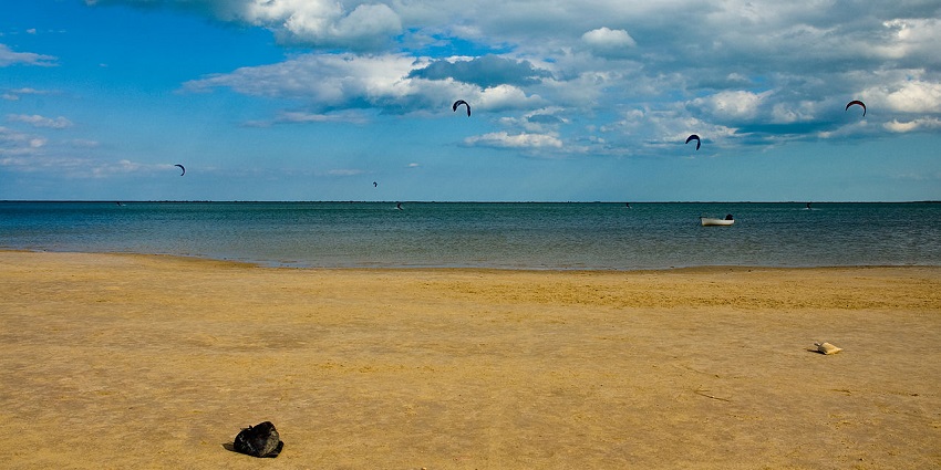 Relax under sunshades on Djerba Beach, a gem among beaches in Tunisia, with clear waters and soft sand.