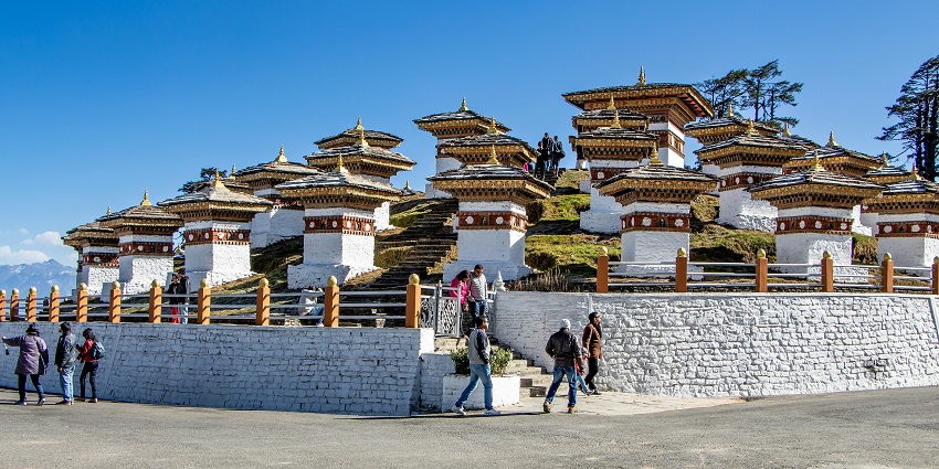 108 chortens at Dochula Pass with traditional white architectural stupas, amongst the best places to visit in Bhutan in February.
