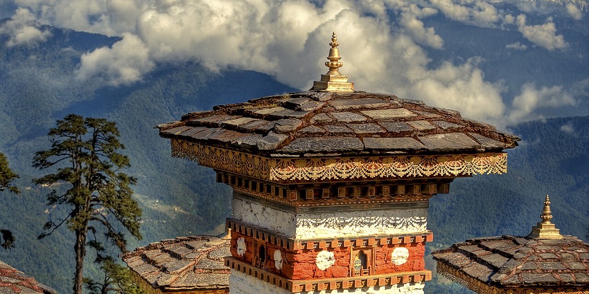 108 stupas of Dochula pass from above with traditional architecture, one of the top places in Bhutan in July.