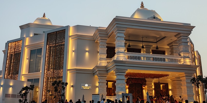 Facade of the Hindu Temple in Dubai, showcasing traditional Indian architectural elements