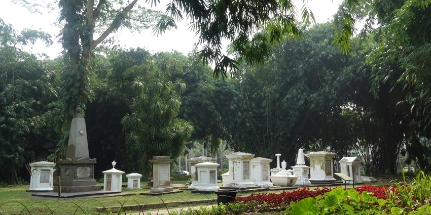 An image of the Dutch-era graveyard surrounded by trees on St. Paul’s Hill.
