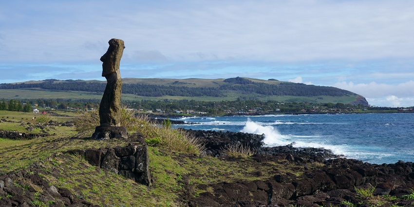 Iconic Easter Island with moai statues and windswept volcanic landscapes, one of the famous islands in Chile.