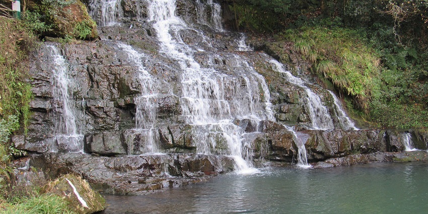 Elephant waterfalls with water falling in the water body and grass growing on the rocks.