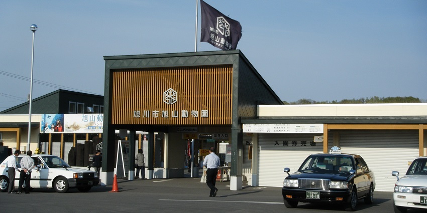 Entrance of Asahiyama Zoo in Japan with parked taxis and visitors walking toward the gate.