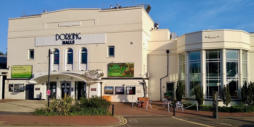 Front view of Dorking Halls, a historic entertainment venue in Surrey