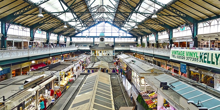 Cardiff Market, a historic venue to buy fresh produce, Welsh delicacies, and unique local gifts.