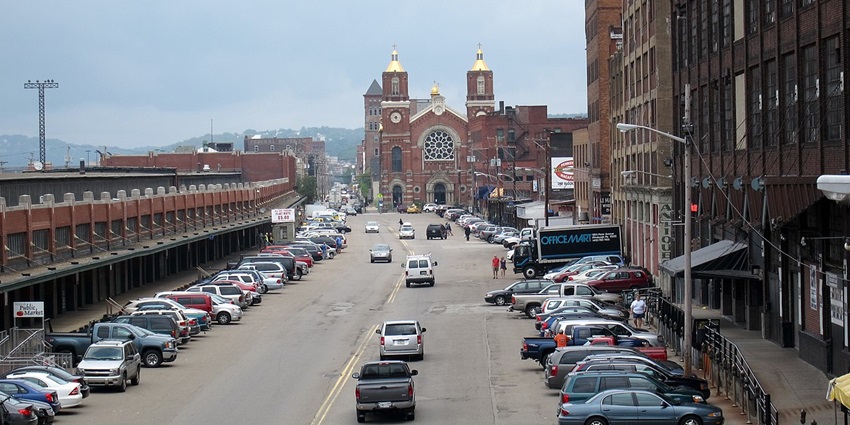 Strip District, a lively area in Pittsburgh with markets, boutiques and speciality shops.