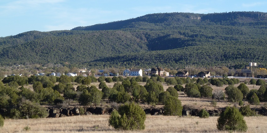 A field of dry grass and scattered shrubs leads to a small town beneath green mountains.