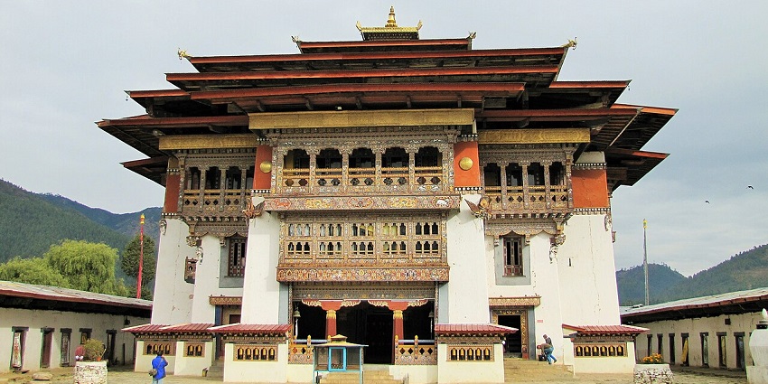 Gangtey monastery in Phobjikha valley with vibrant, detailed architecture, one of the places to visit in Bhutan in July.