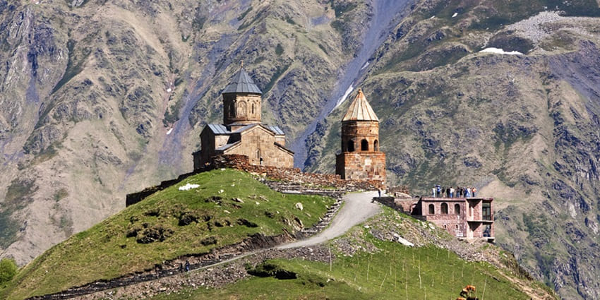 Surrounded by mountains, Gergeti Trinity Church is among the monuments in Georgia.