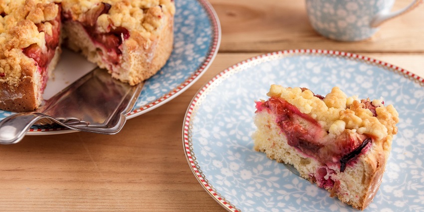 Slice of traditional German plum cake served on a plate.