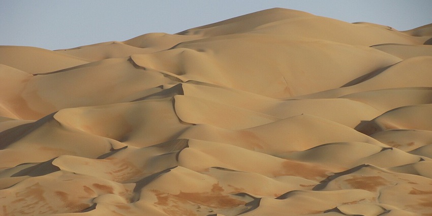 Gharbia dunes in Al Dhafra with multiple sand dunes and clear blue sky in the back.