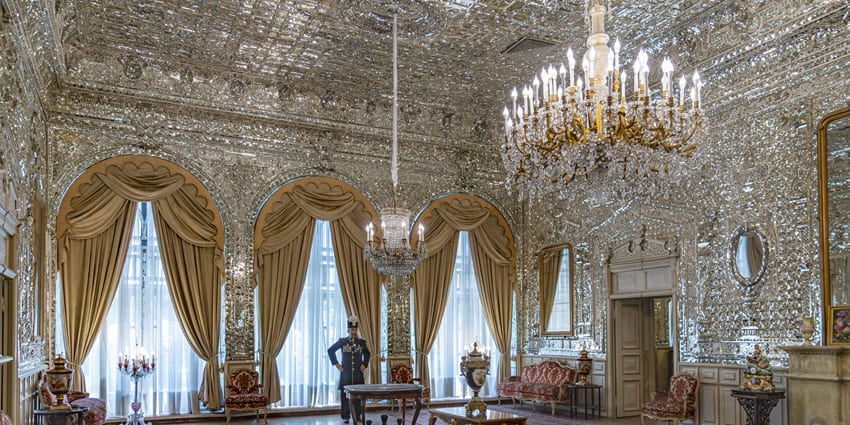 Mirrored interior of Golestan Palace, showing classic royal design in monuments in Iran.