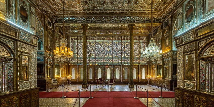 Interior of Golestan Palace with detailed architecture, one of Trehan historical places