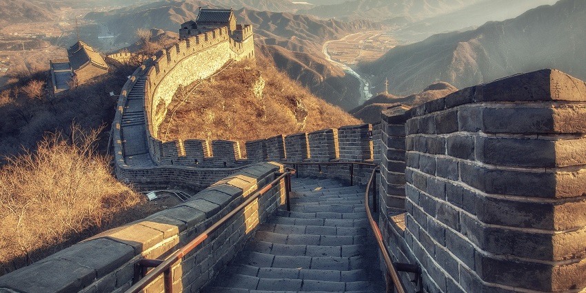 The winding stone wall at the Great Wall of China, among the best monuments in China.
