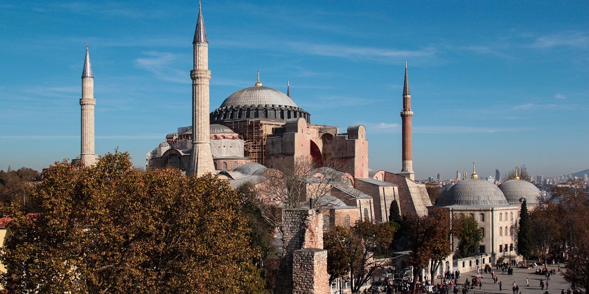 Hagia Sophia's grand dome and minarets showcase the rich heritage of Monuments in Turkey