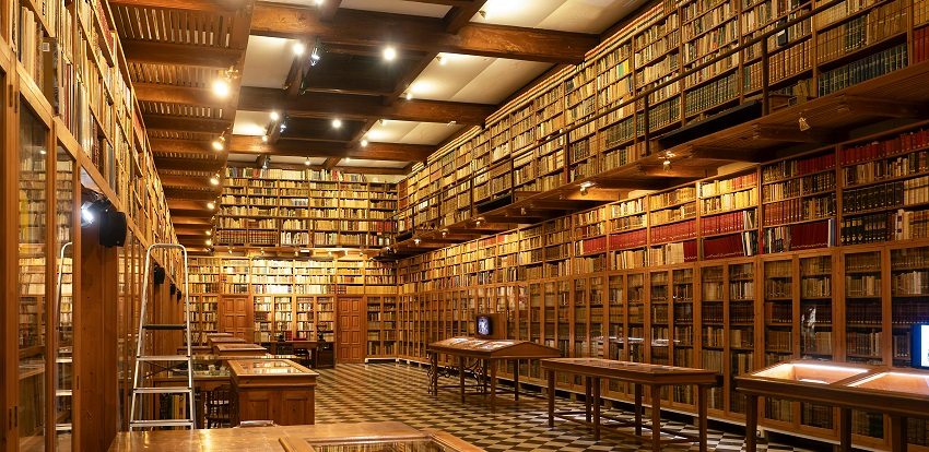 Inside a library with several books on the shelves and desks under yellow lighting