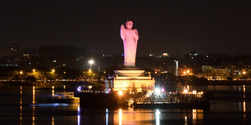 Hussain Sagar Lake, a peaceful heart of Hyderabad, with a majestic Buddha statue.