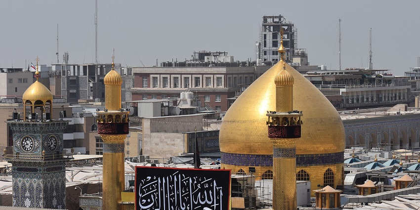 Shrine of Imam Ali with golden architecture, Islamic sculptures, one of the Islamic historical places in Iraq.
