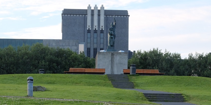 Statue of Ingólfur Arnarson, the first settler of Reykjavík, standing proudly at Arnarhóll.