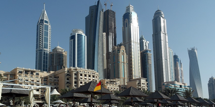 Image of the scenic Dubai Marina and its sky scrappers amidst the Arabina desert