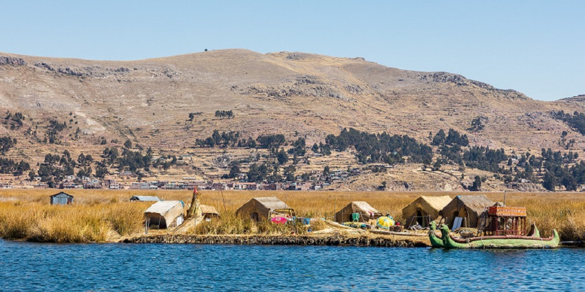 The view over Isla Esteves with a luxury hotel nestled along Lake Titicaca.